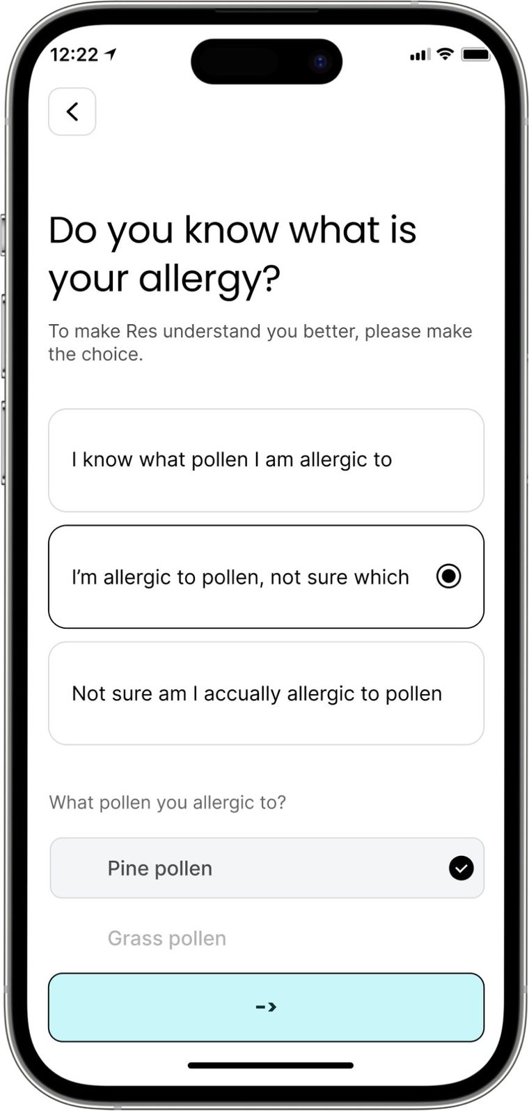 RES app onboarding screen asking 'Do you know what is your allergy?' with options for known, unknown, and a pollen-type selector