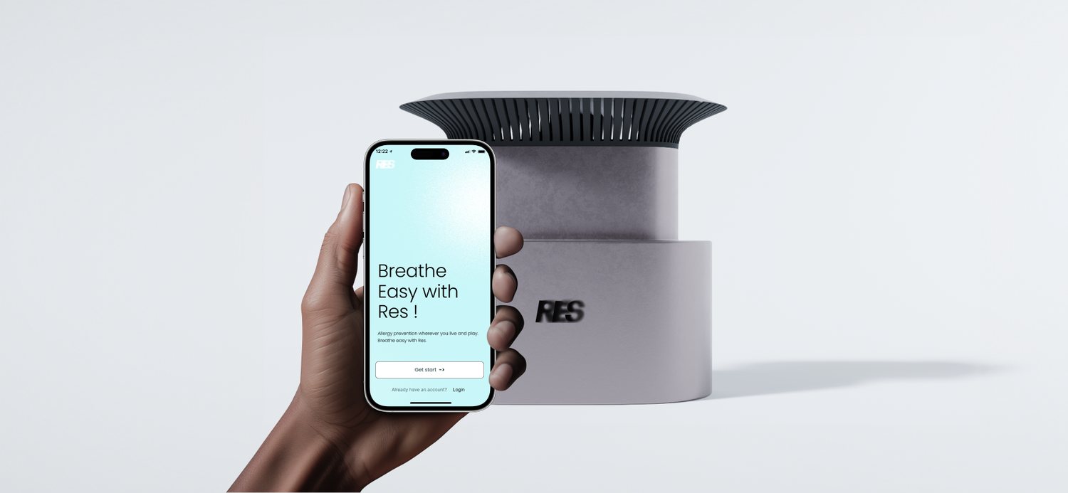 A hand holding a phone showing the RES app's Breathe Easy welcome screen, with the RES sensor standing behind it
