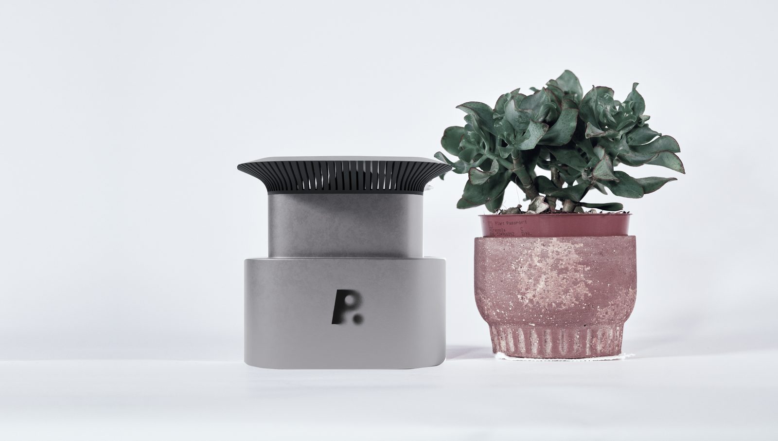 The RES pollen sensor device, a compact grey unit with a vented top, next to a potted succulent plant in a concrete pot