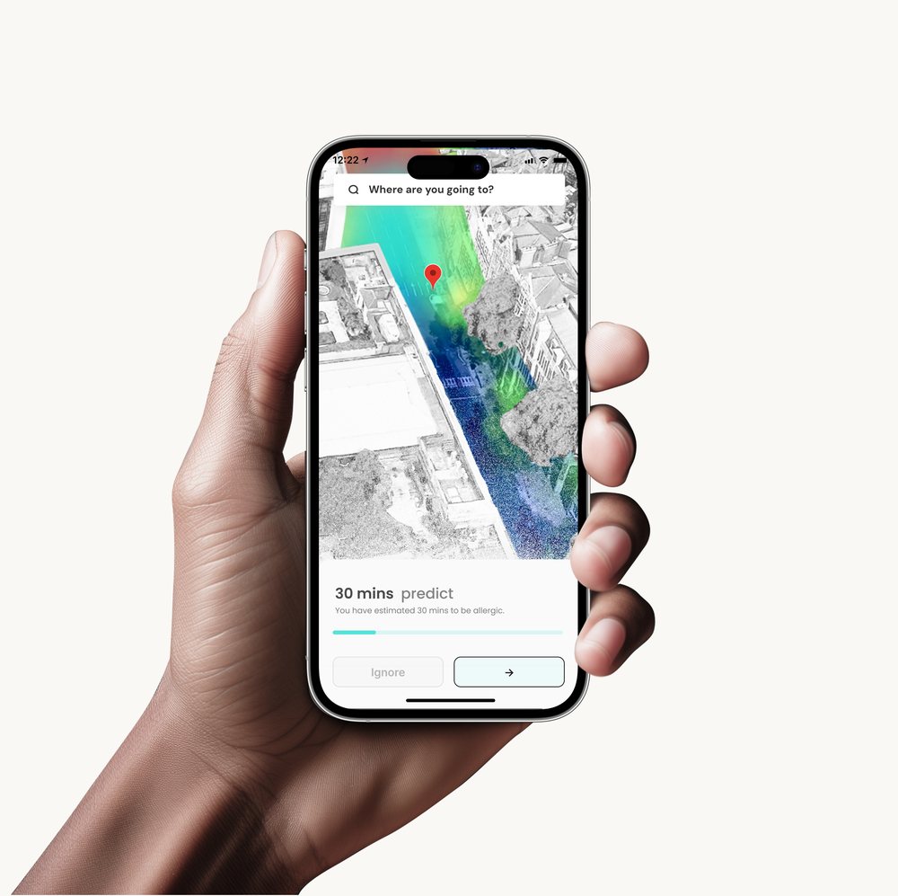 The final RES pollen map on a phone held in a hand: an aerial view of a street with a green-to-blue gradient washed across a whole area rather than individual points, a location pin, and a card below reading '30 mins predict — You have estimated 30 mins to be allergic'