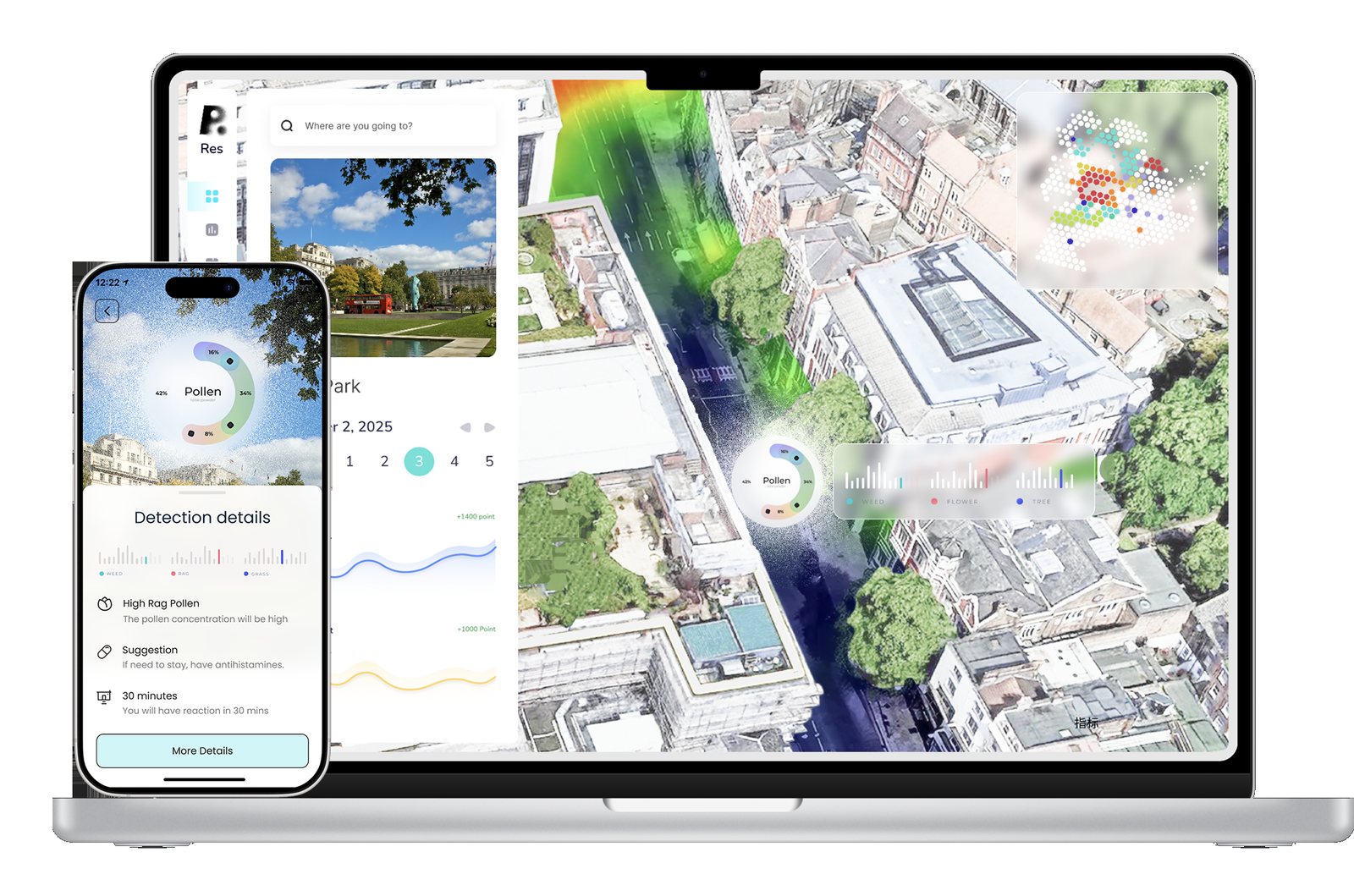The RES prediction map across devices: a laptop showing a 3D map of central London with coloured pollen plumes, and a phone showing the matching detection details panel