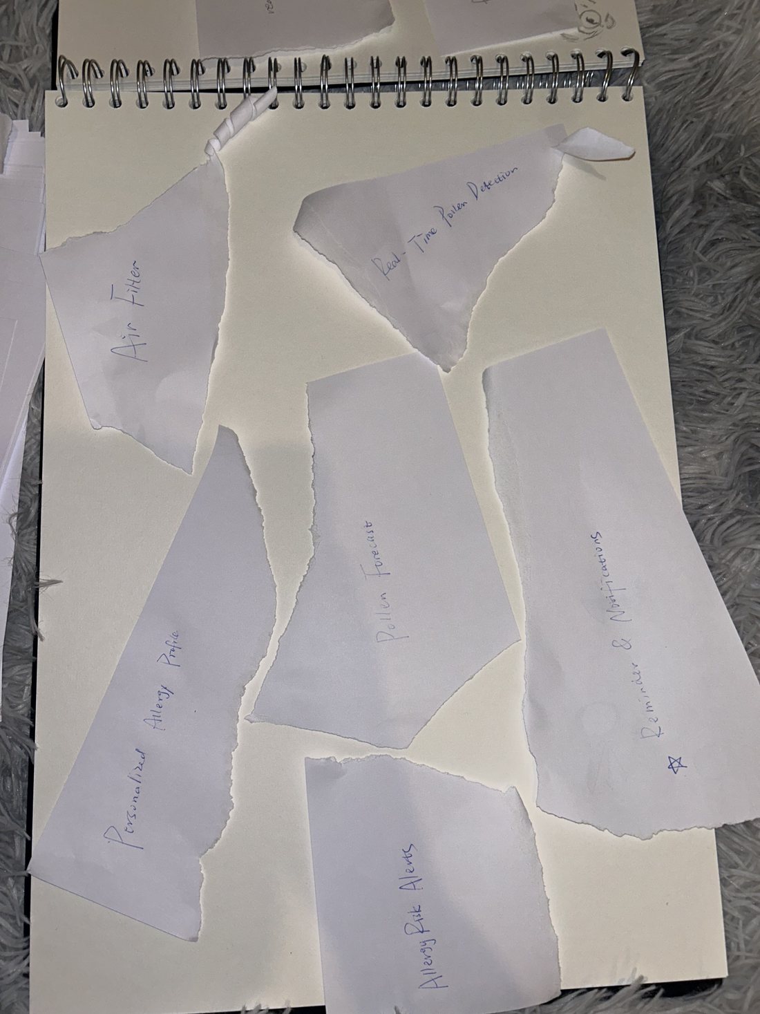 A workshop board with ten hand-written feature cards torn from paper and arranged by participants: Air Filter, Real-Time Pollen Detection, Personalised Allergy Profile, Pollen Forecast, Reminders and Notifications, Allergy Risk Alerts