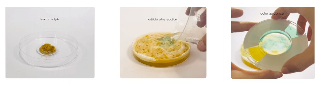 Three photographs from Yidan's lab process: a small yellow catalyst pellet in a petri dish labelled foam catalysis, artificial urine being poured into a foaming dish labelled artificial urine reaction, and two hands holding a dish where the liquid has turned green, labelled colour guidance