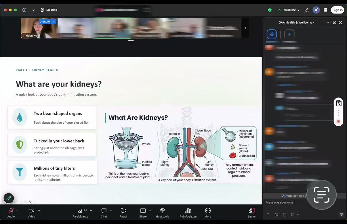 A video call with the GAA Health and Wellbeing group, 72 participants shown in the toolbar, presenting a slide headed 'What are your kidneys?' with three plain explanations and a diagram of the kidneys