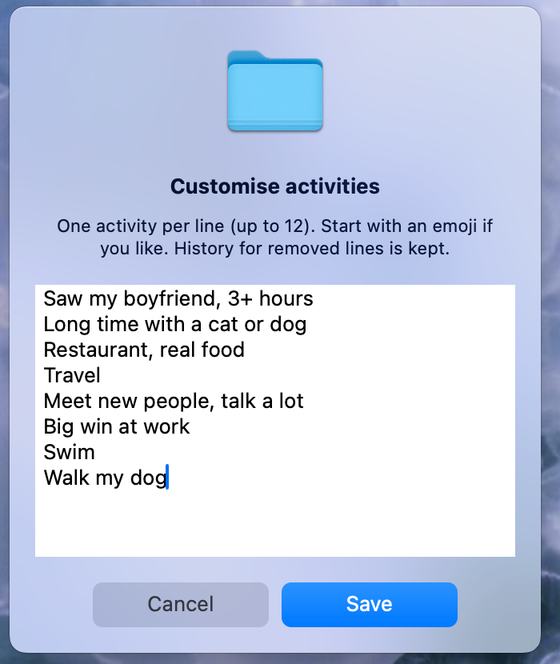 MoodGuard's customise sheet, a plain text box with one activity per line, being edited to add 'Walk my dog'