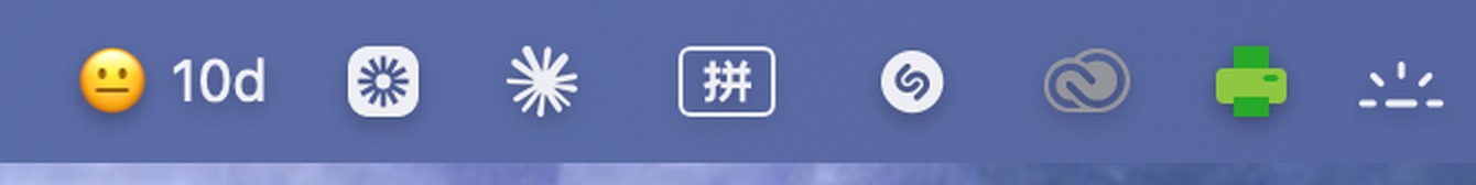 The macOS menu bar with MoodGuard sitting among the normal icons: a flat, unimpressed face followed by the text 10d