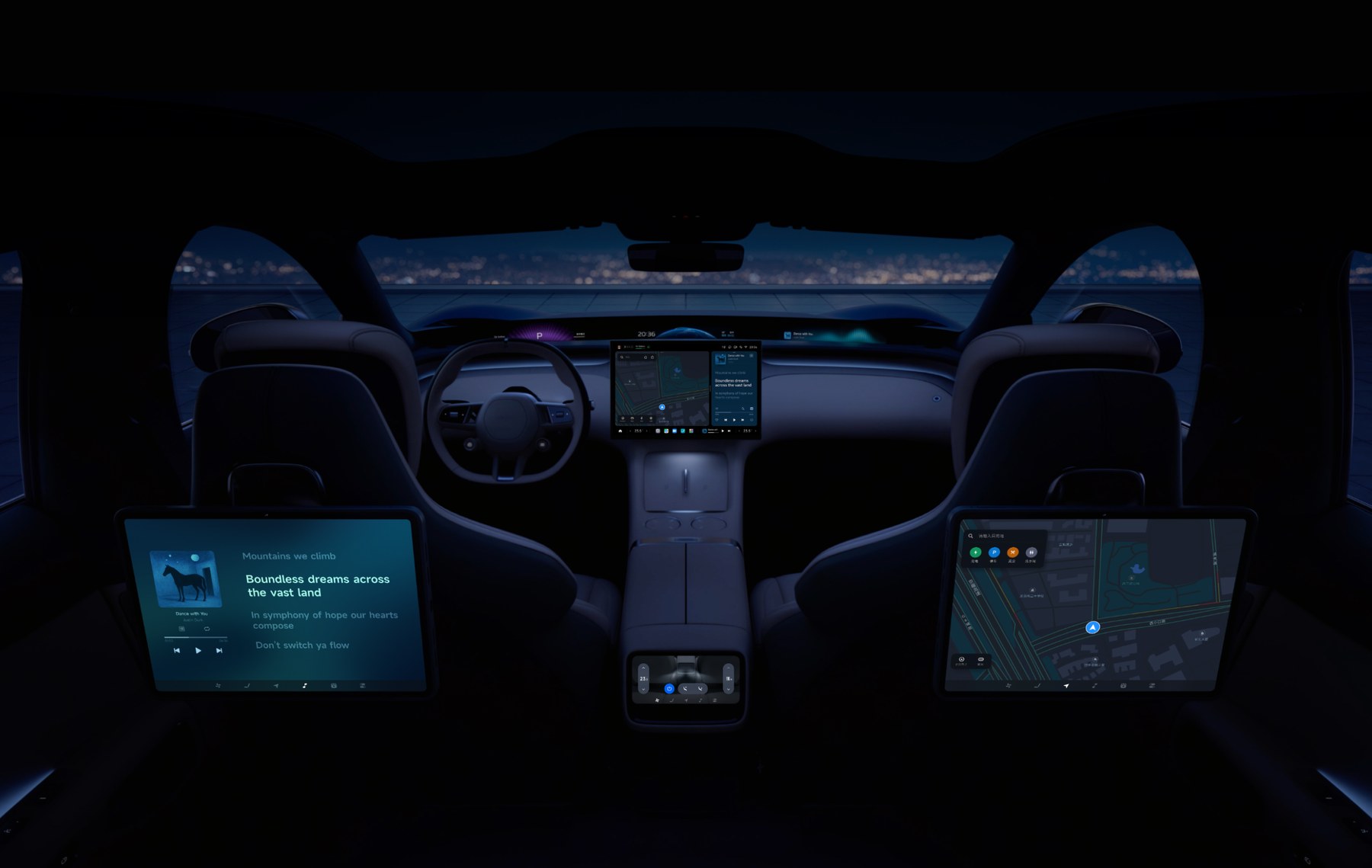 A night-time render of the full Xiaomi car cabin — the front central control screen and instrument cluster, plus two rear-seat entertainment screens showing a music player and navigation map