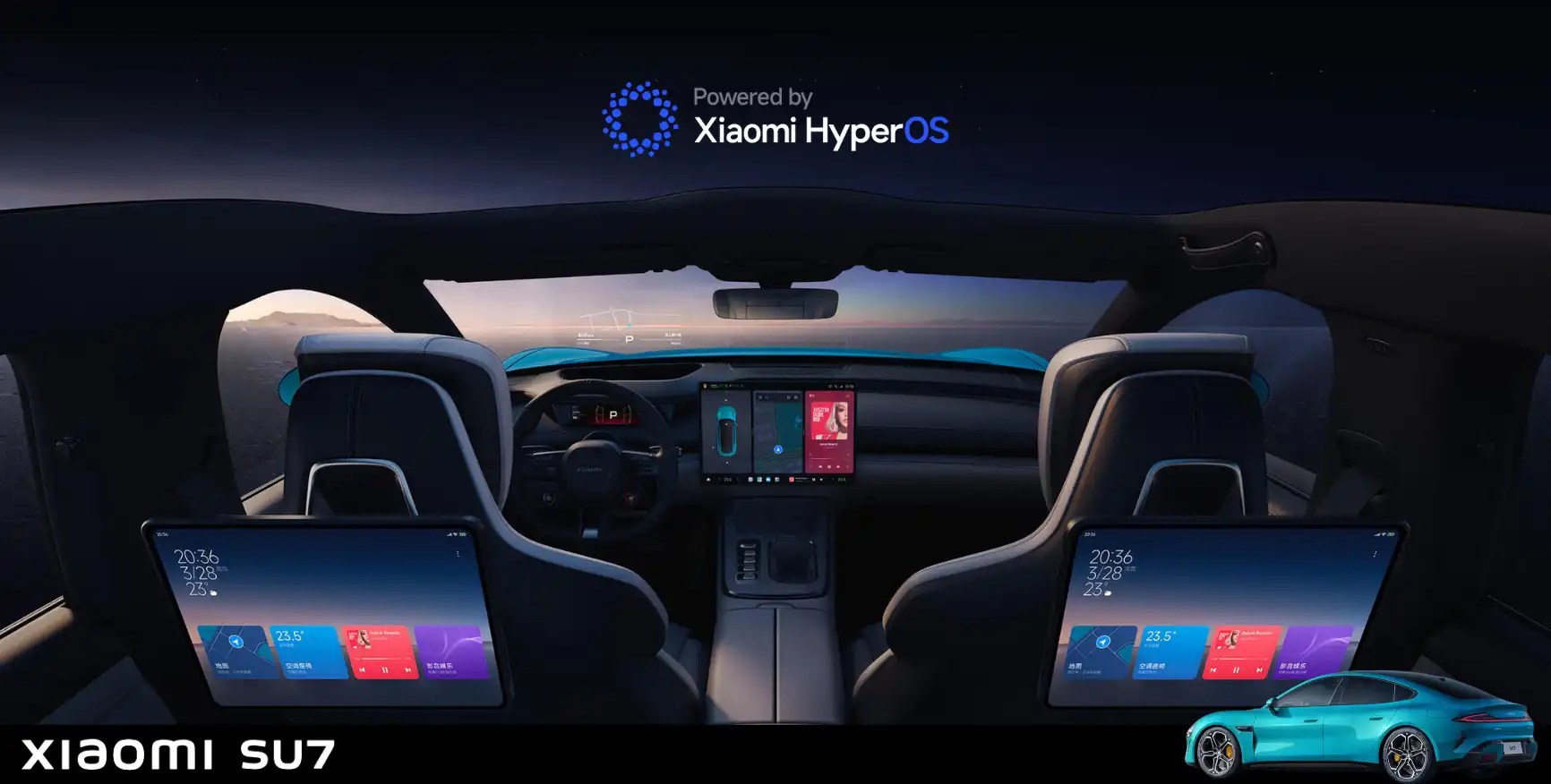 The SU7 cabin at dusk: the central control screen between the front seats, a screen mounted behind each front headrest, and the driver's cluster, all running the same interface language